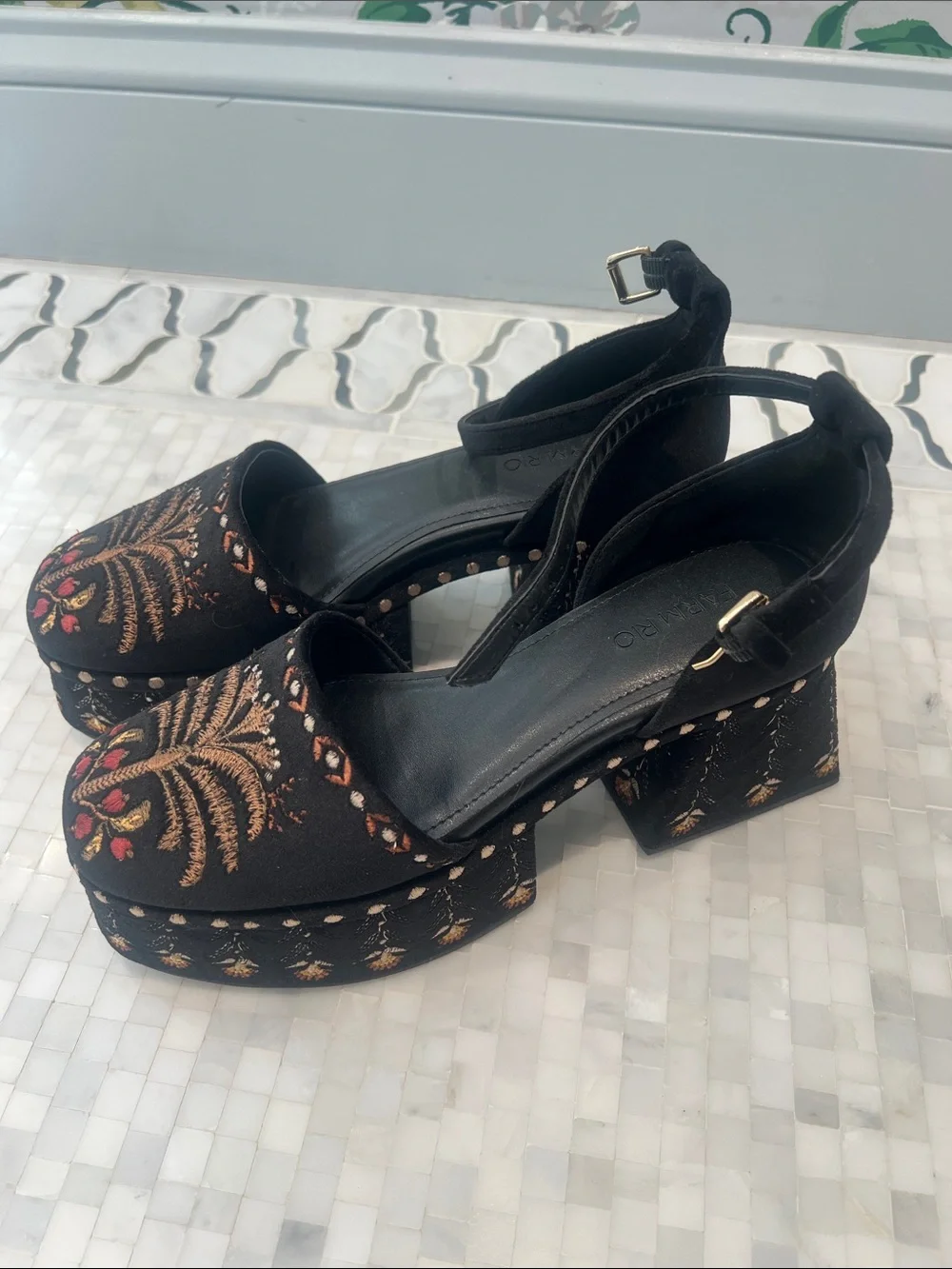FARM Rio Black Embroidered Platform Sandals with Gold & Red Accents